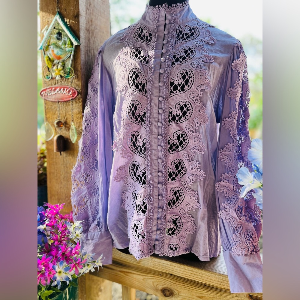 Vintage Boston Proper Peasant Lavender Lace Detail Puff Sleeve Button Blouse M